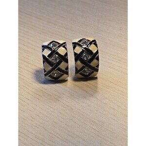 Classic Vintage Black  Enamel Lattice Rhinestone Clip On Earrings Silver Tone